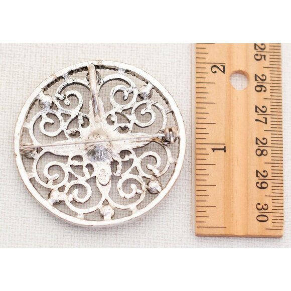 Vintage Intricate Art Nouveau Magic Crest Rhinestone Silver Tone Brooch - A11 - Picture 2 of 2